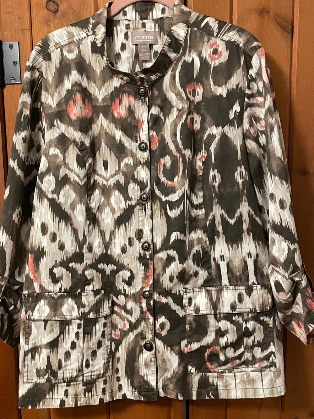Chico’s Olive Khaki Pink Ikat Print Cotton Utility Jacket Tab Sleeves 2 (12-14)